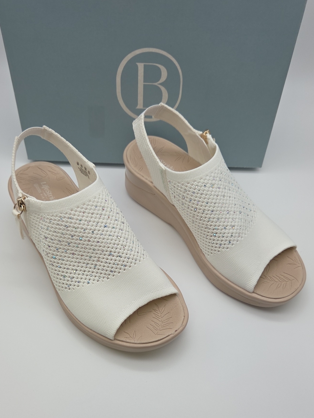Bzees White Knit Slingback Wedge Sandals